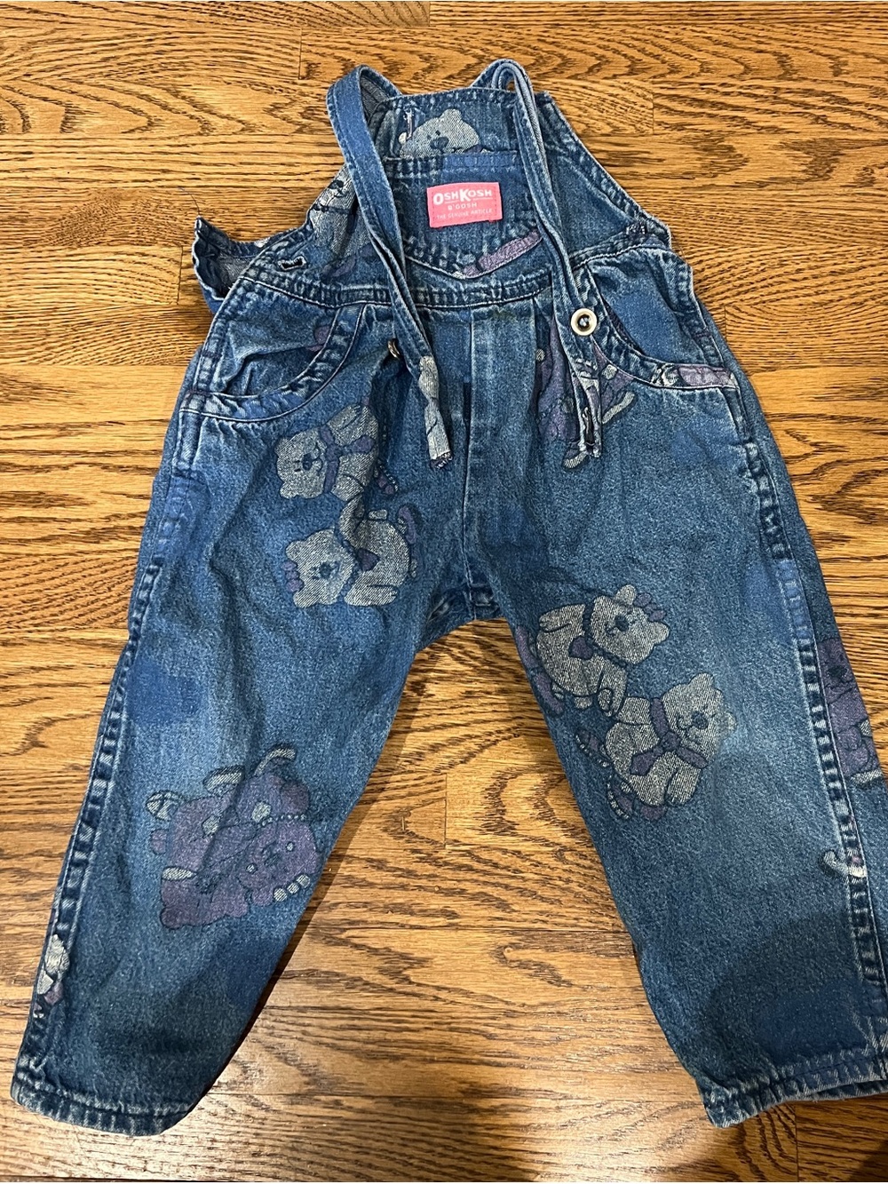 Vintage OshKosh B'gosh Kids Denim Overalls with Teddy Print